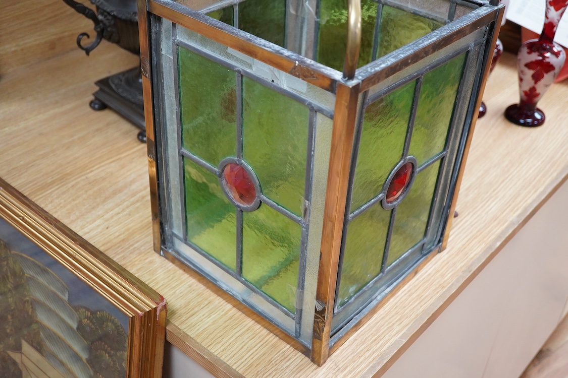 An Edwardian stained glass hanging hall lantern, 58.5cm